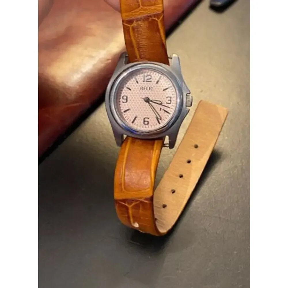 Women's Silver Tone 30mm Relic Watch, Pale Pink Face with Checked Pattern